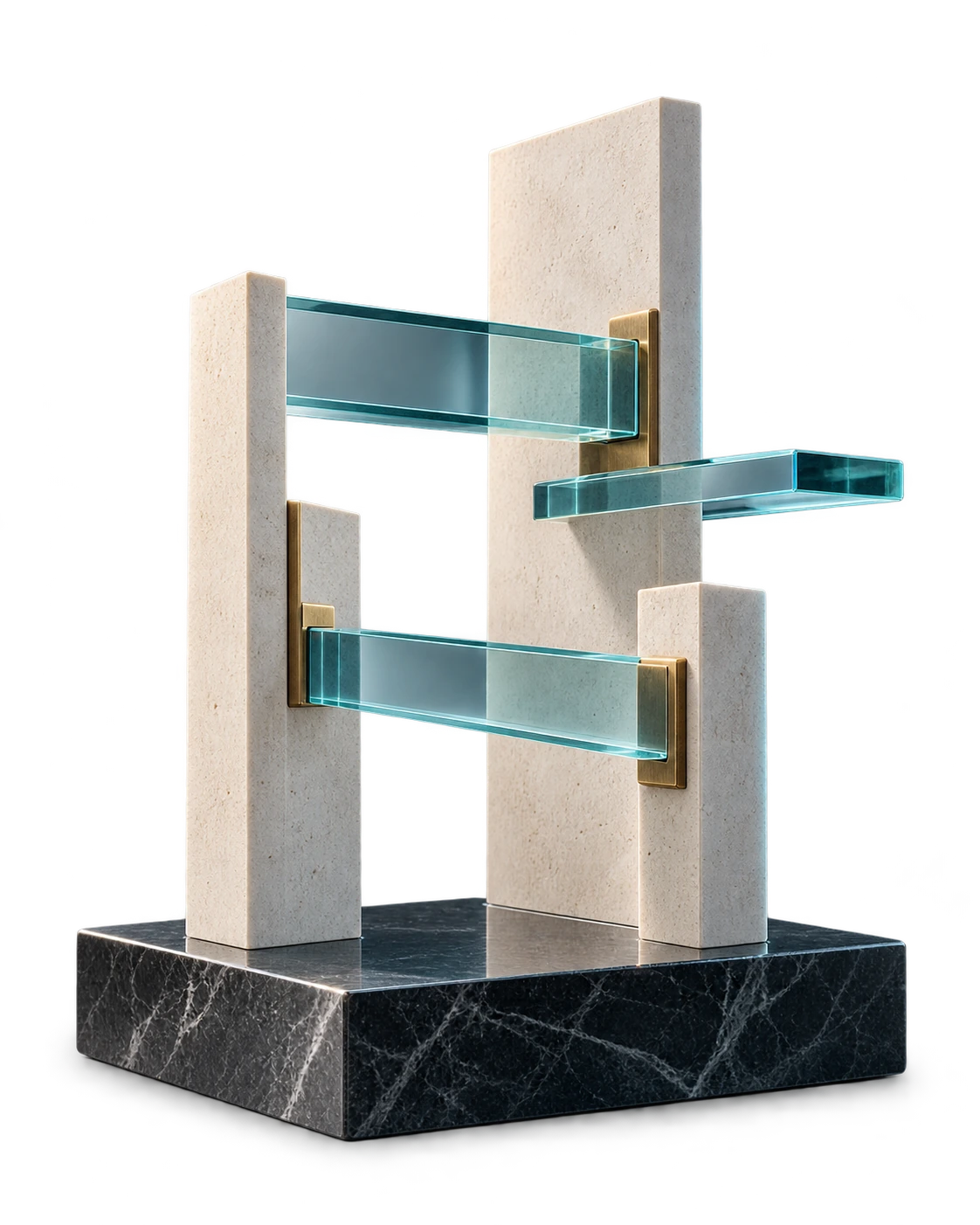 Escultura: Estructura de piedra y vigas de cristal conectadas
