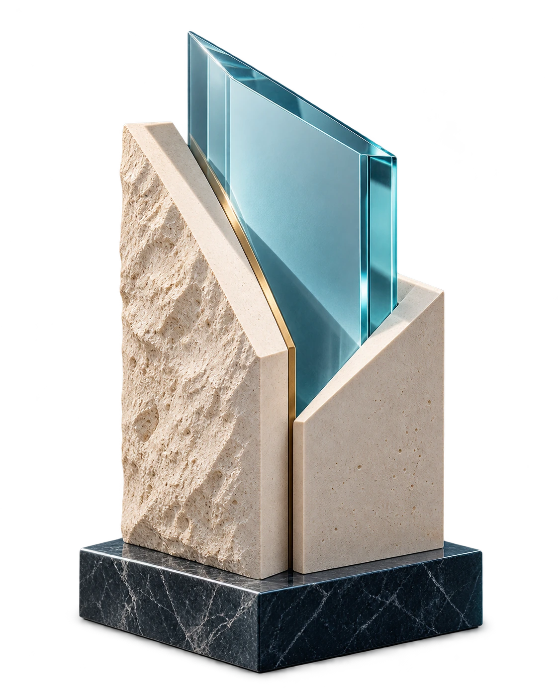 Escultura: Prisma de cristal que emerge de un bloque de piedra abierto