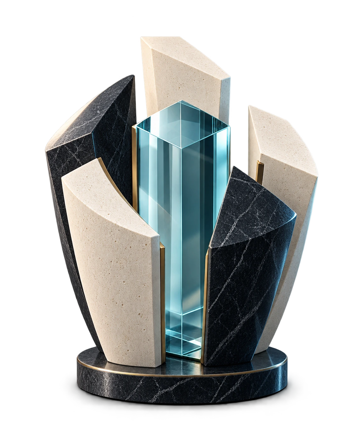 Escultura: Cinco piezas de piedra unidas alrededor de un núcleo de cristal
