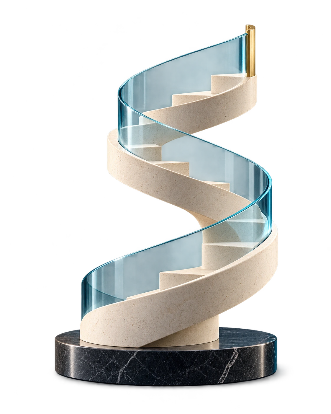 Escultura: Espiral ascendente de piedra recorrida por una cinta de cristal
